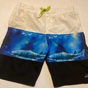 Men Beach Wear Blue and Black Shark Print Swim Shorts Size XL